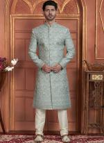 Dhupion Art Silk Sky Blue Wedding Wear Thread Work Readymade Sherwani